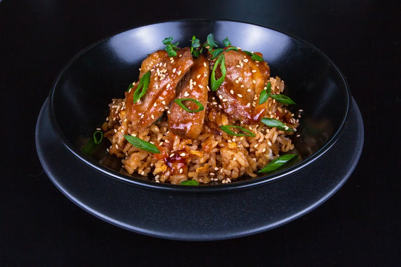 A hibachi chicken and rice dish topped with spring onion