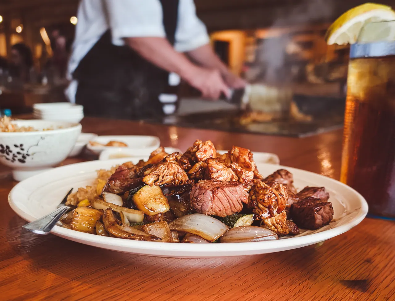 Chicken, steak and shrimp on the flat-top